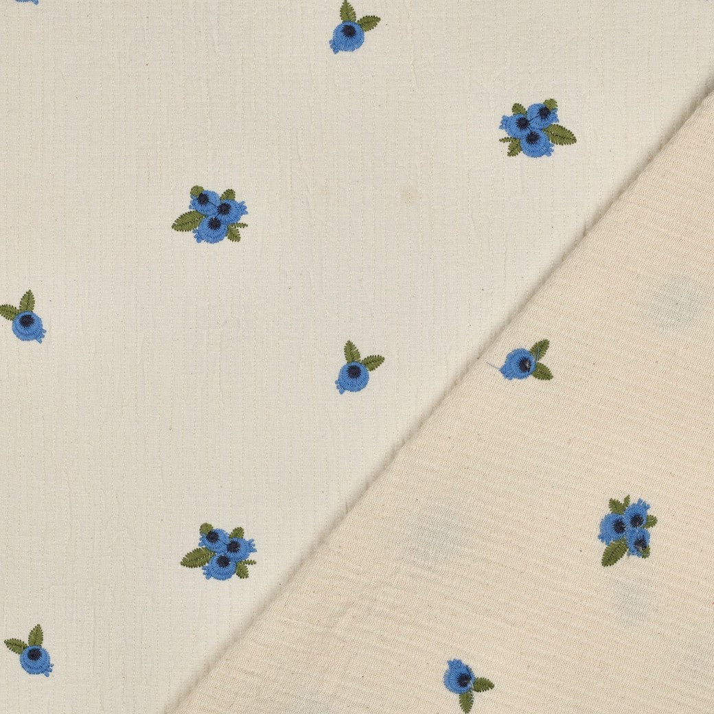 DOUBLE GAZE BRODEE Fleurs Bleues effet matelassé