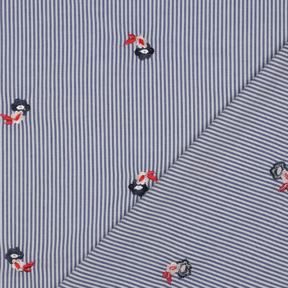 COTON BRODE Petites Fleurs Tri Color sur Rayures Bleu ciel