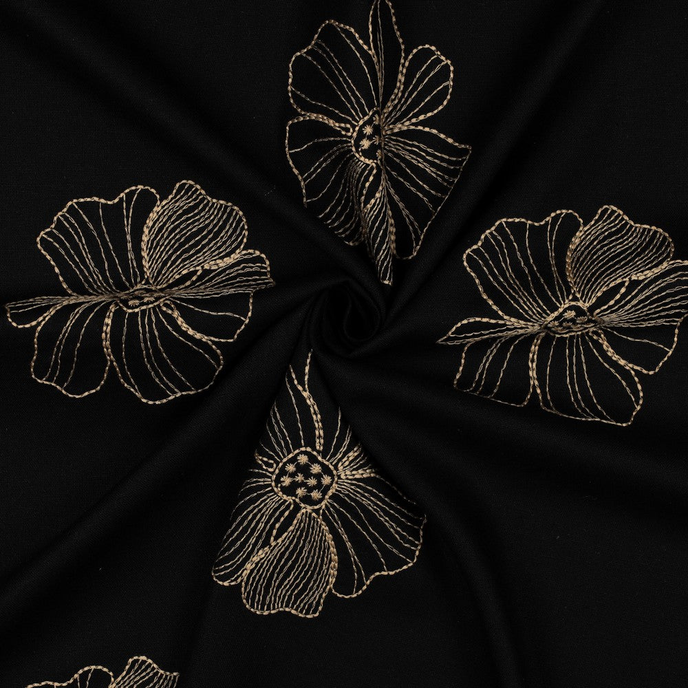 LIN VISCOSE Noir Brodé Grandes fleurs Beige