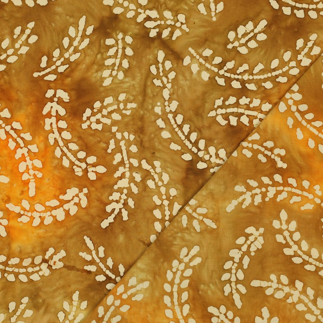 COTON IMPRIME Batik Moutarde avec Feuillage Ecu