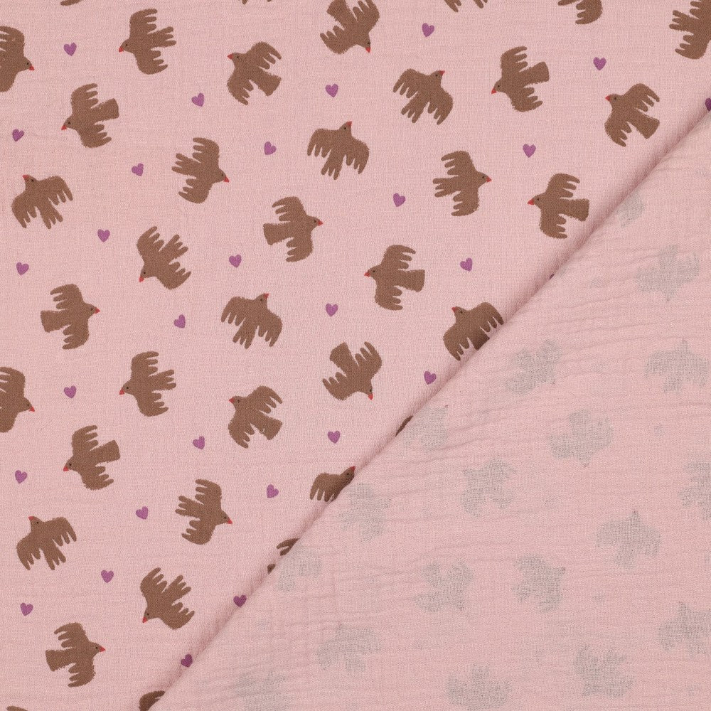 DOUBLE GAZE IMPRIMEE GOTS Oiseaux Rose et Marron