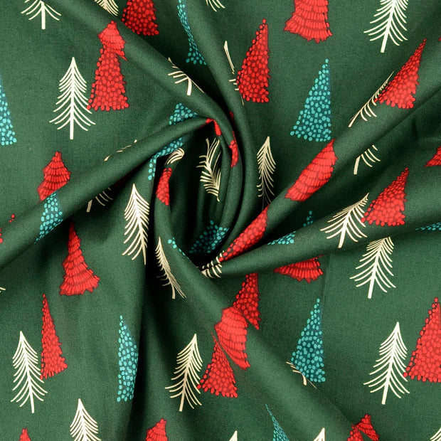 COTON IMPRIME Sapins de Noël sur fond Vert
