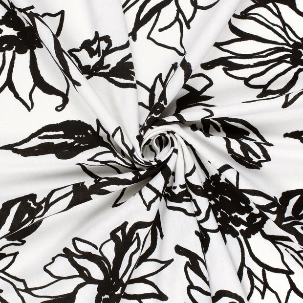 VISCOSE LIN IMPRIME Grandes fleurs Bi Color Noir et Blanc