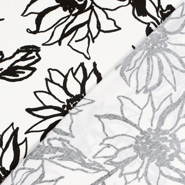 VISCOSE LIN IMPRIME Grandes fleurs Bi Color Noir et Blanc