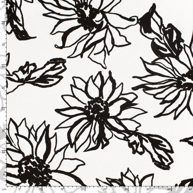 VISCOSE LIN IMPRIME Grandes fleurs Bi Color Noir et Blanc