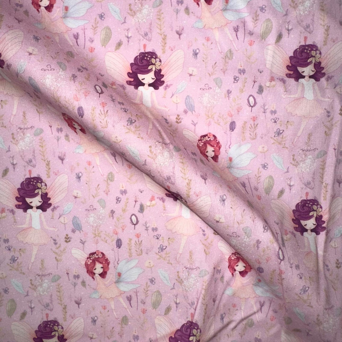 COTON IMPRIME Fées fond Rose