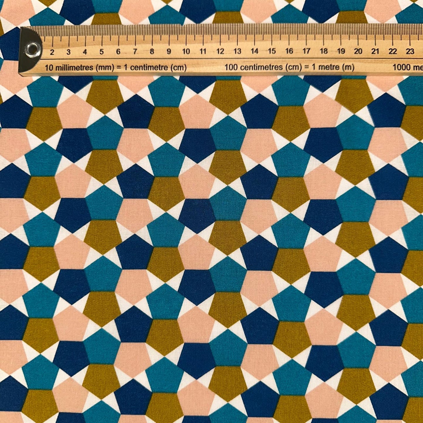 COTON IMPRIME Graphique Bleu Rose Moutarde