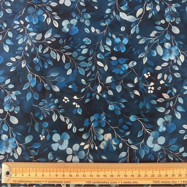 COTON SATINE IMPRIME Feuillage Bleu