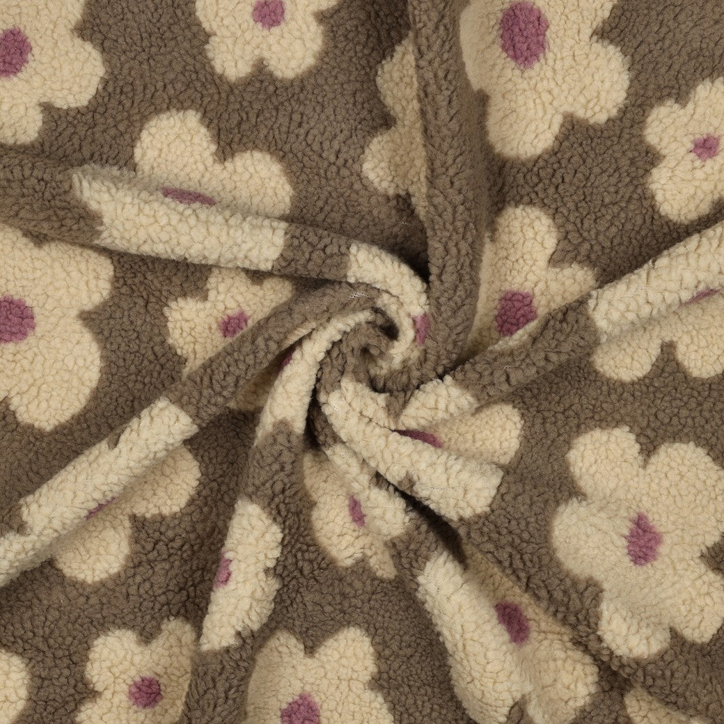 BOUCLETTE A MOTIF Marguerites ecru et rose fond Taupe