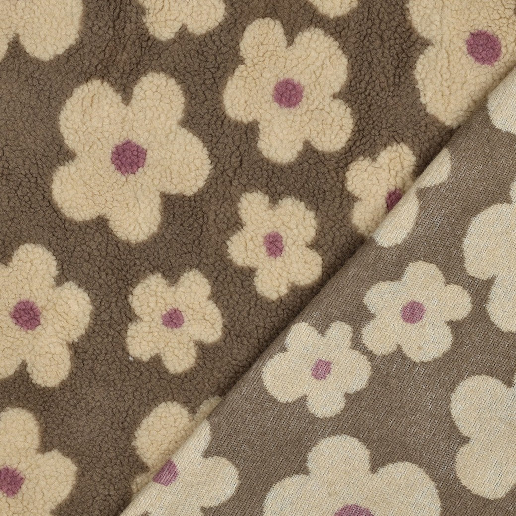 BOUCLETTE A MOTIF Marguerites ecru et rose fond Taupe