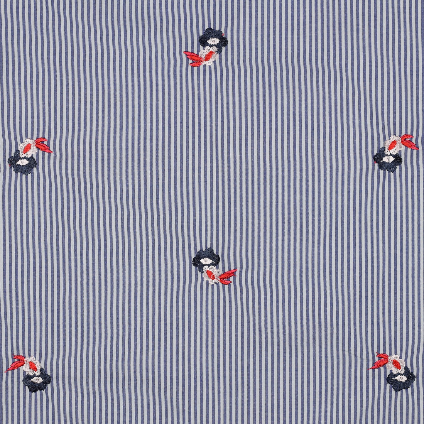 COTON BRODE Petites Fleurs Tri Color sur Rayures Bleu ciel
