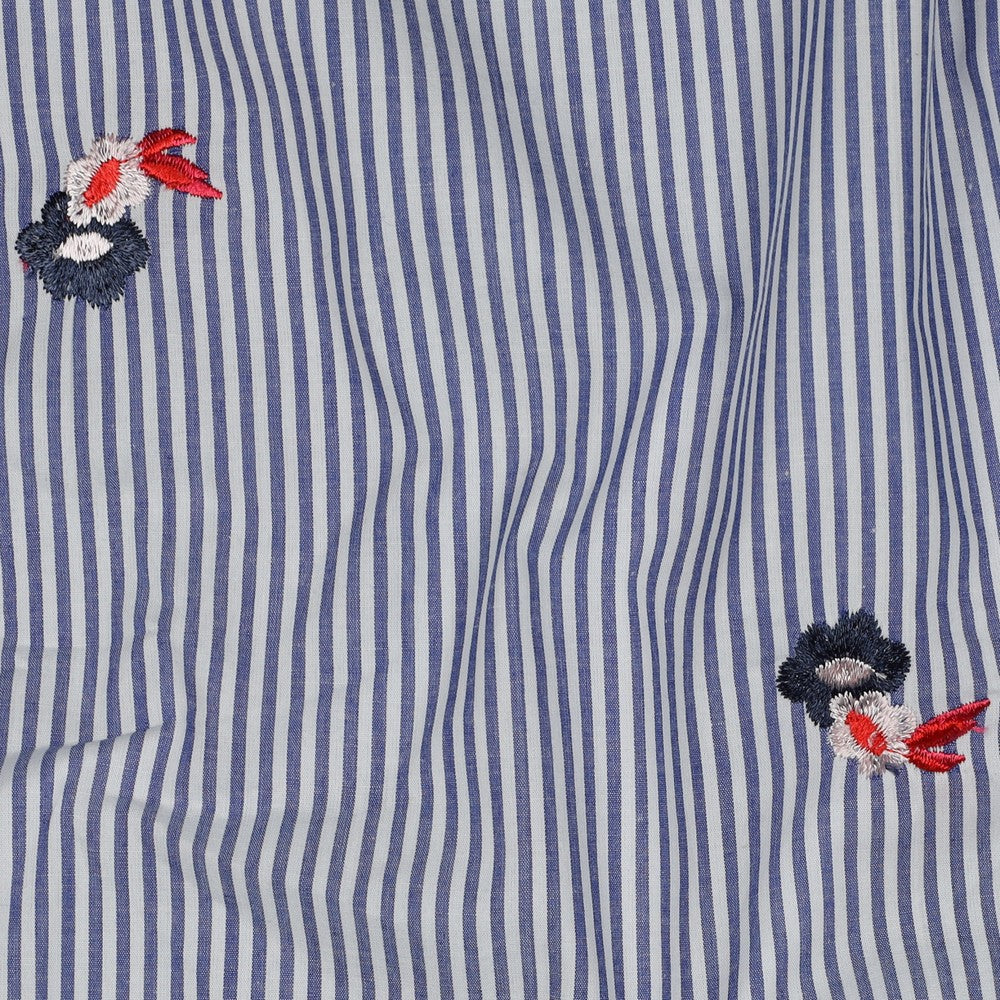 COTON BRODE Petites Fleurs Tri Color sur Rayures Bleu ciel