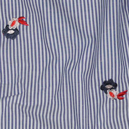 COTON BRODE Petites Fleurs Tri Color sur Rayures Bleu ciel