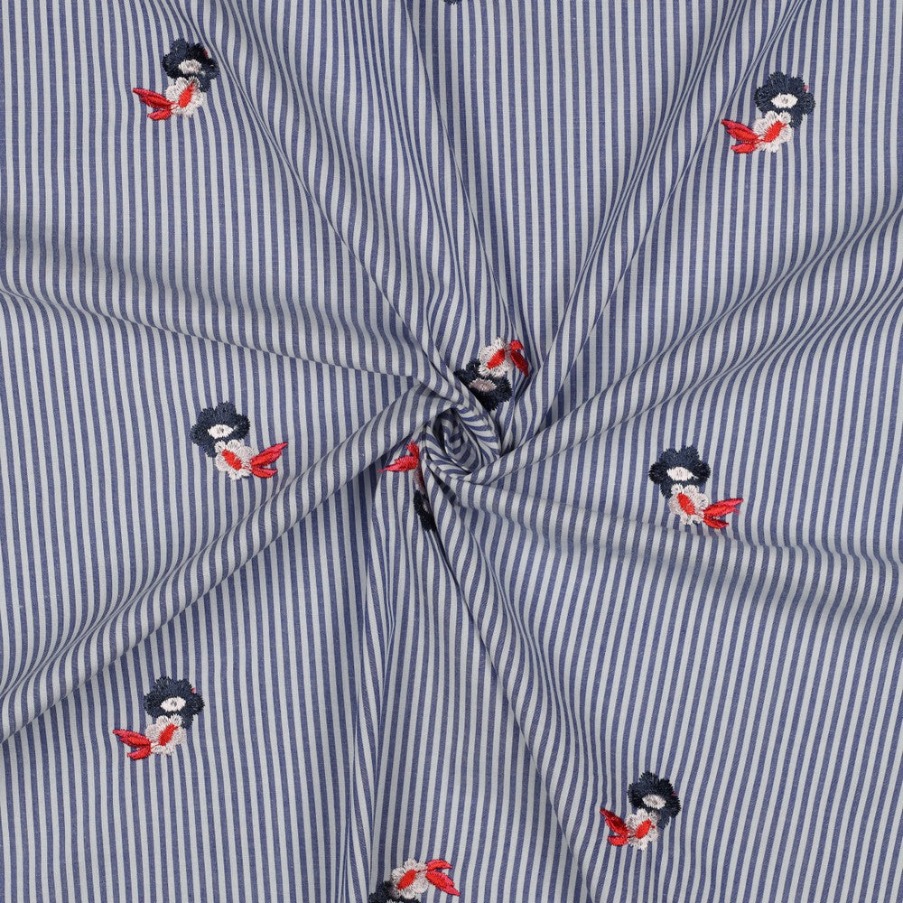 COTON BRODE Petites Fleurs Tri Color sur Rayures Bleu ciel