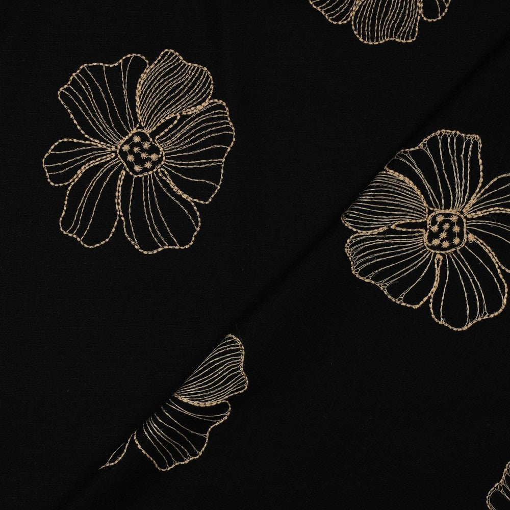 LIN VISCOSE Noir Brodé Grandes fleurs Beige