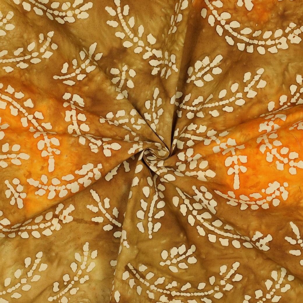COTON IMPRIME Batik Moutarde avec Feuillage Ecu
