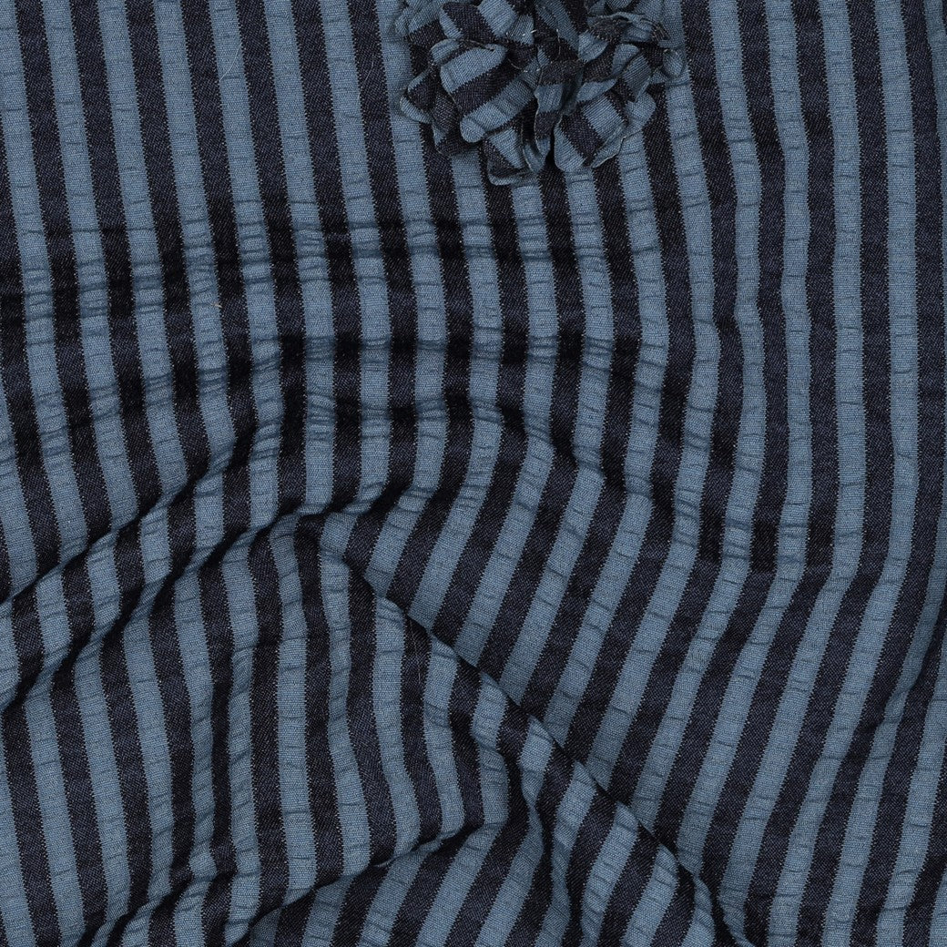 VISCOSE IMPRIMEE rayé Bleu et Marine avec Fleurs en 3D