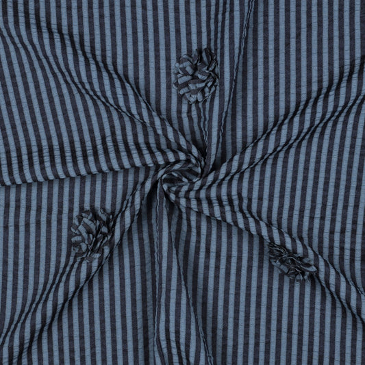 VISCOSE IMPRIMEE rayé Bleu et Marine avec Fleurs en 3D