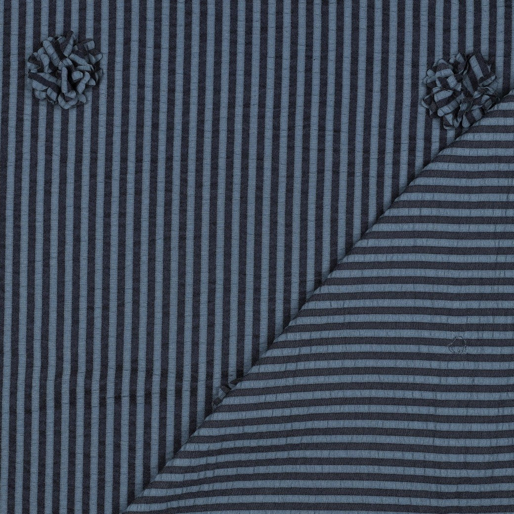 VISCOSE IMPRIMEE rayé Bleu et Marine avec Fleurs en 3D
