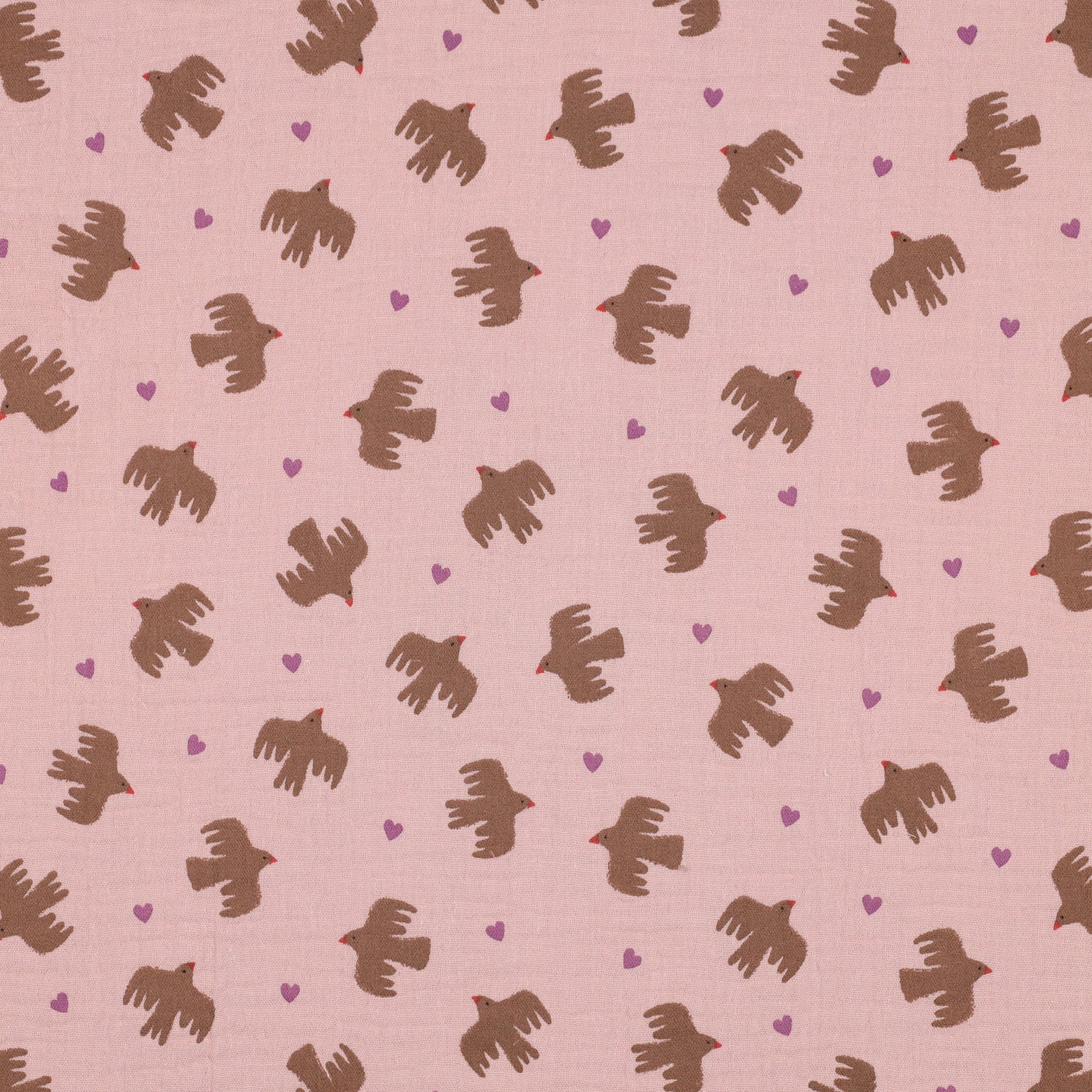 DOUBLE GAZE IMPRIMEE GOTS Oiseaux Rose et Marron