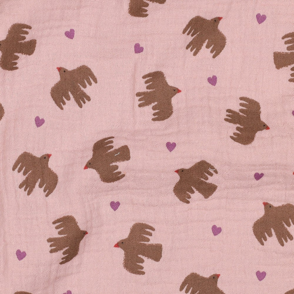 DOUBLE GAZE IMPRIMEE GOTS Oiseaux Rose et Marron