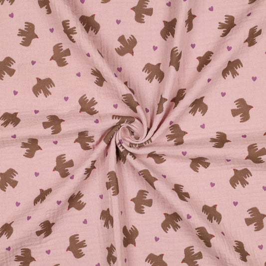 DOUBLE GAZE IMPRIMEE GOTS Oiseaux Rose et Marron