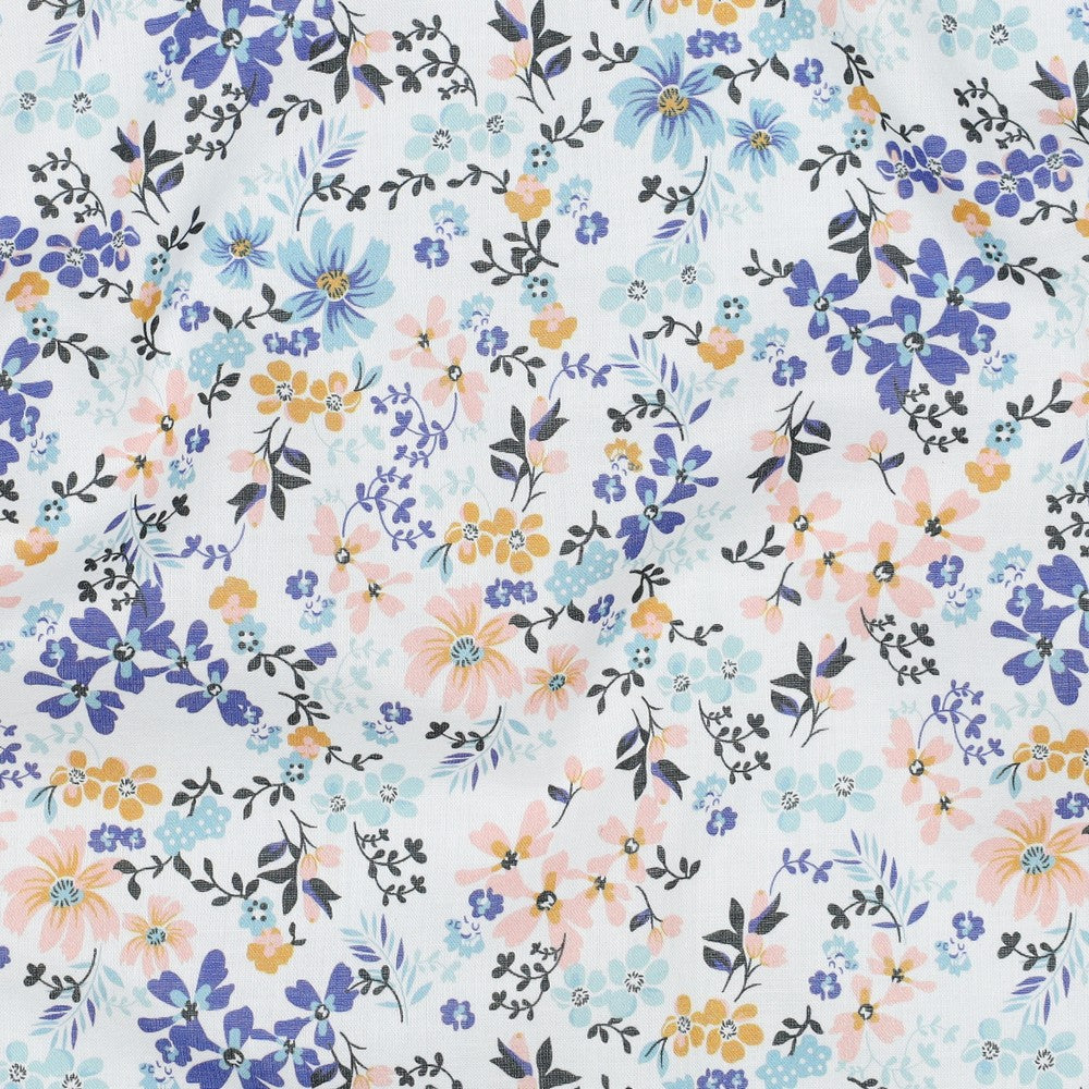 VOILE DE COTON IMPRIME Petites Fleurs Bleues