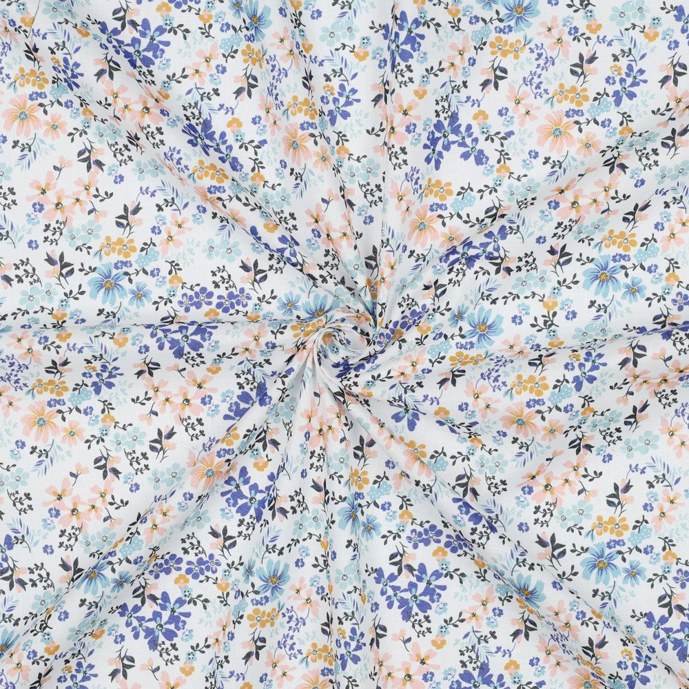 VOILE DE COTON IMPRIME Petites Fleurs Bleues