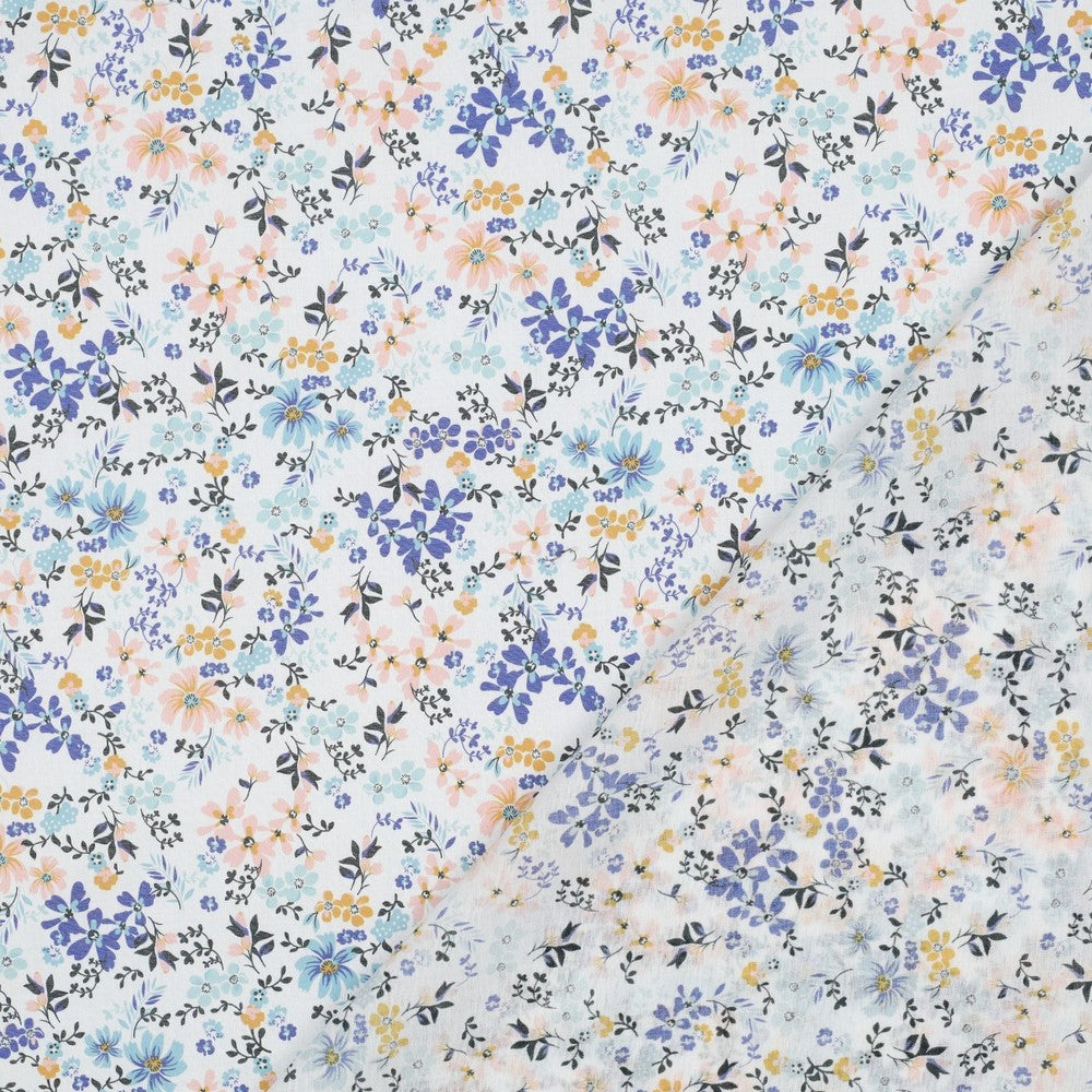 VOILE DE COTON IMPRIME Petites Fleurs Bleues