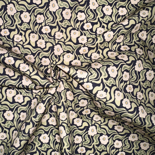 COTON IMPRIME Fleurs Vintages Marine et Vert