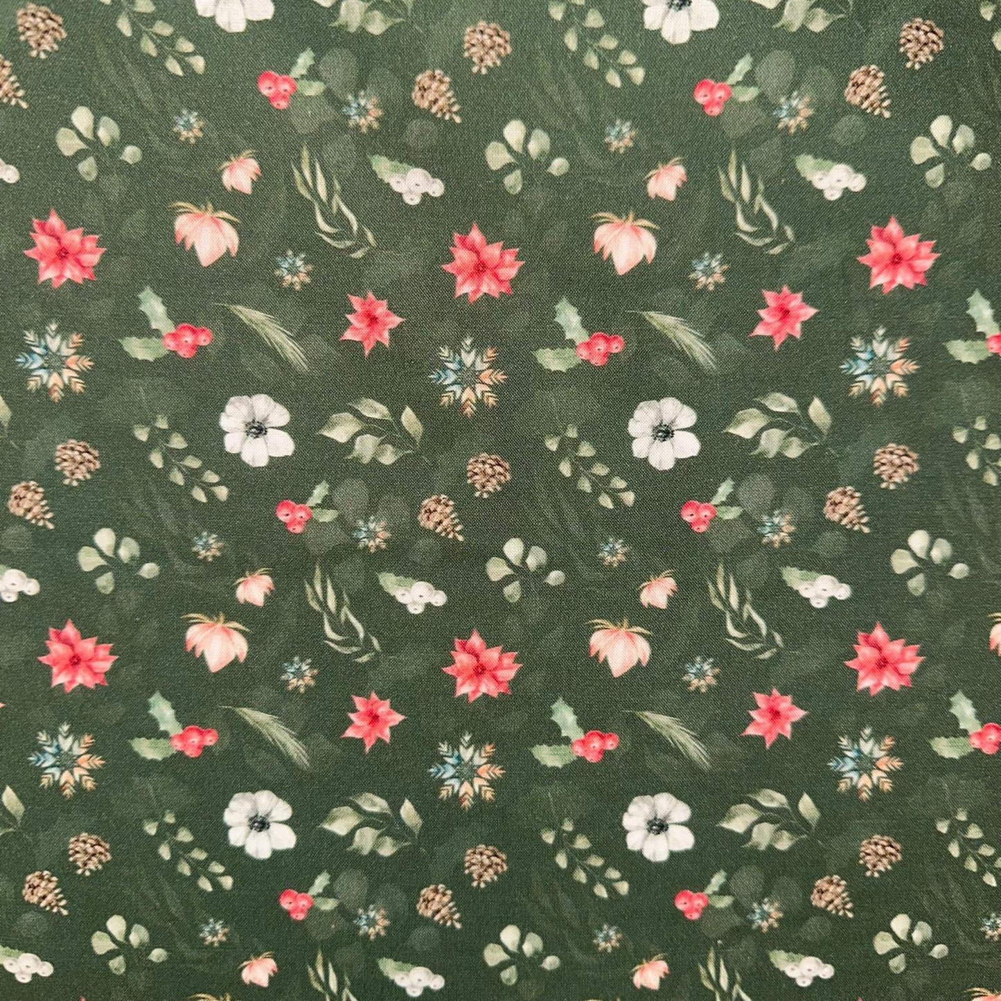 COTON IMPRIME Fleurs de Noel Poinsettia fond Vert
