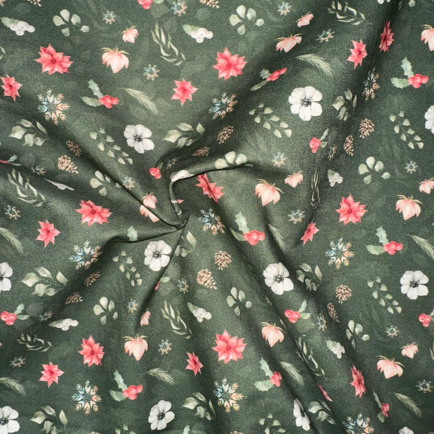 COTON IMPRIME Fleurs de Noel Poinsettia fond Vert