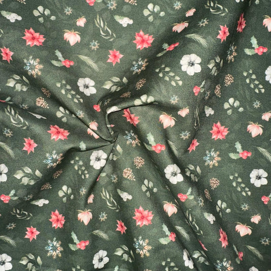COTON IMPRIME Fleurs de Noel Poinsettia fond Vert
