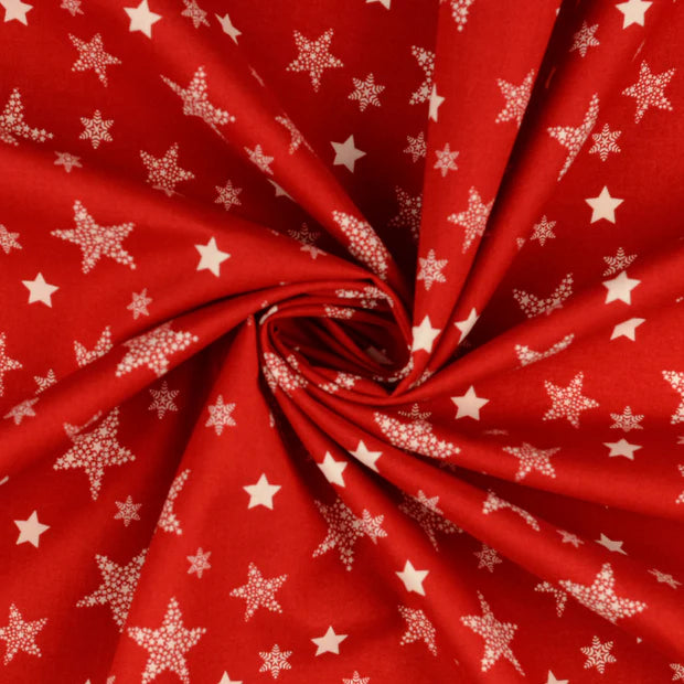 COTON IMPRIME Noël Etoiles Blanches fond Rouge