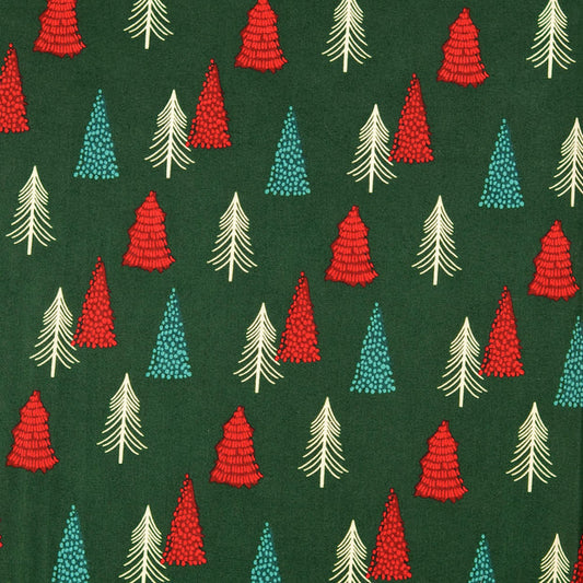 COTON IMPRIME Sapins de Noël sur fond Vert