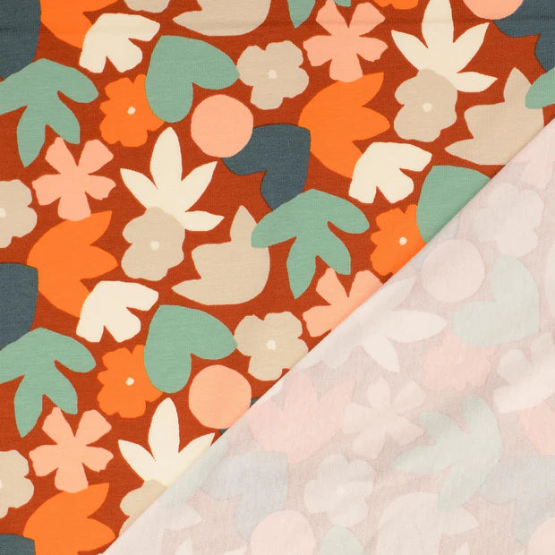JERSEY DE COTON IMPRIME fleurs vintage terracotta