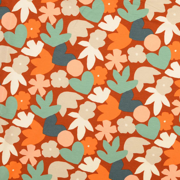 JERSEY DE COTON IMPRIME fleurs vintage terracotta