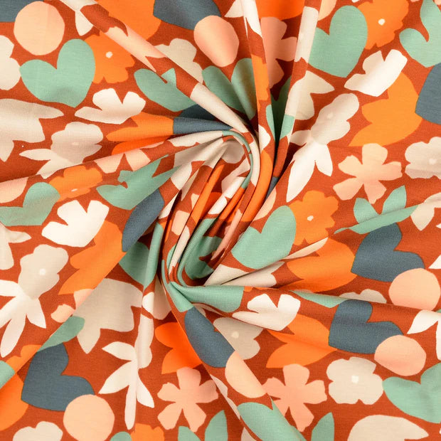 JERSEY DE COTON IMPRIME fleurs vintage terracotta