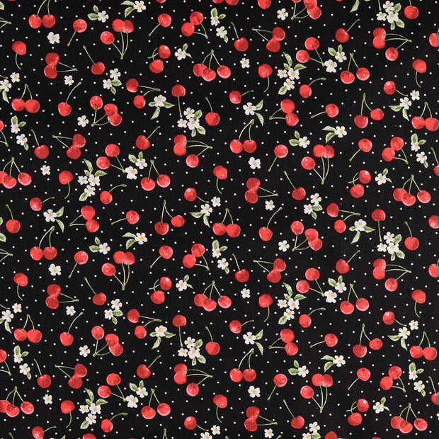 COTON IMPRIME cerises et pois fond Noir
