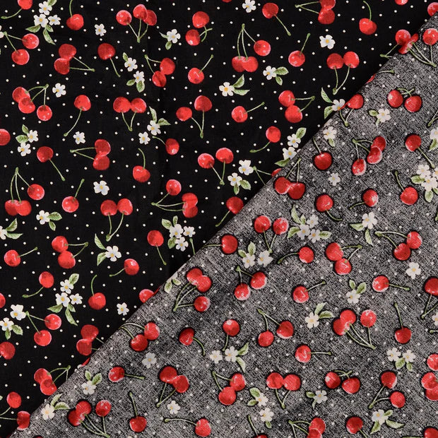 COTON IMPRIME cerises et pois fond Noir