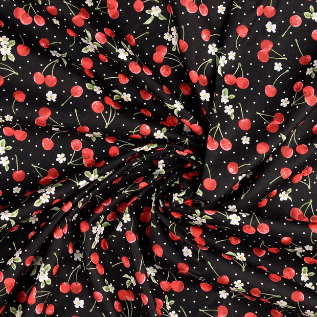 COTON IMPRIME cerises et pois fond Noir