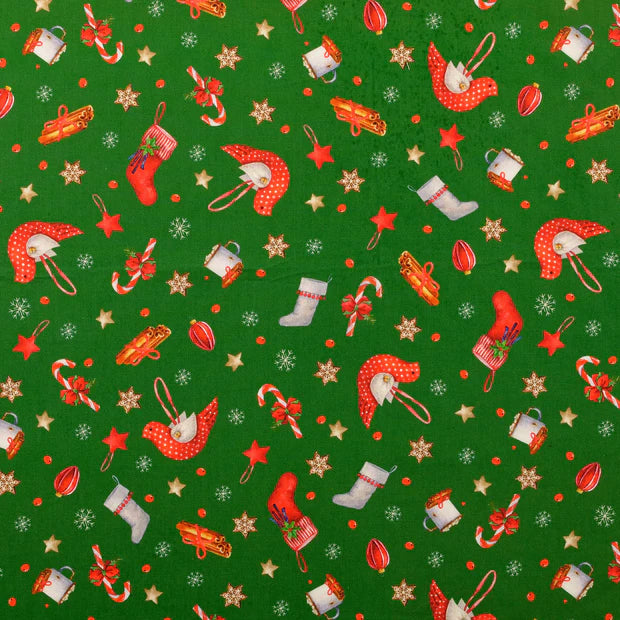 COTON IMPRIME Noel Suspensions sapin fond Vert