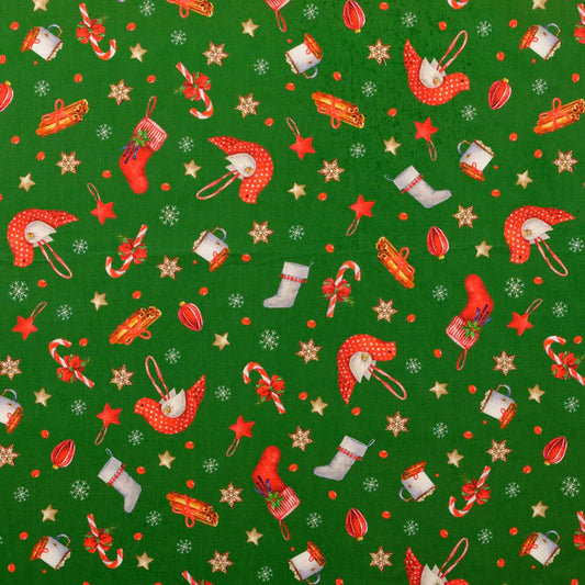 COTON IMPRIME Noel Suspensions sapin fond Vert