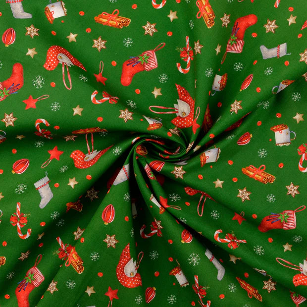 COTON IMPRIME Noel Suspensions sapin fond Vert