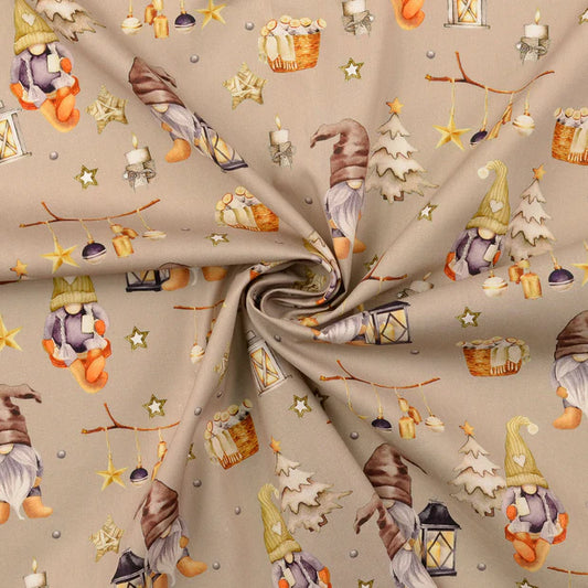 COTON IMPRIME Noel Gnomes Dorés