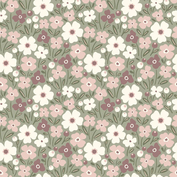 COTON IMPRIME Fleurs Vert Olive