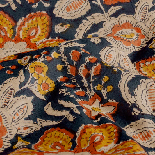 VOILE DE COTON IMPRIME Indien Orange et Bleu