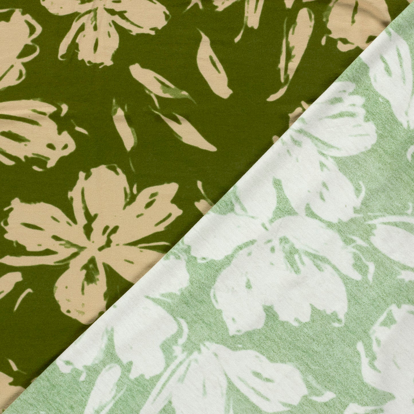 JERSEY VISCOSE IMPRIMEE Grandes Fleurs Bi color Vertes