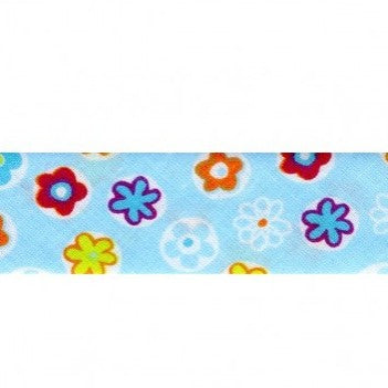 BIAIS IMPRIME Fleurs seventies fond Bleu-20 cm