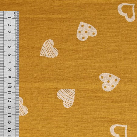 DOUBLE GAZE MOTIF Cœurs Moutarde Bi couleurs